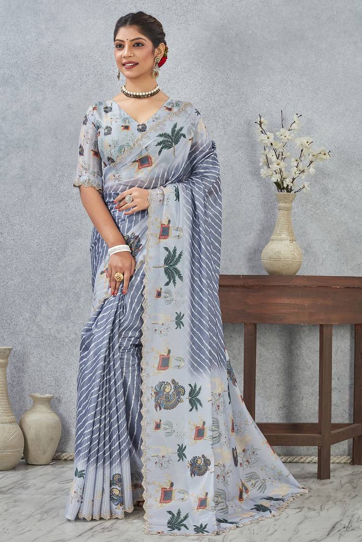 Grey digital printed satin silk designer saree
