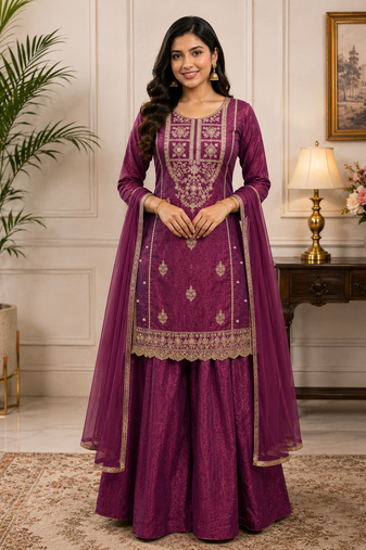  readymade wine color dori sequecne embroidered palazzo suit for festival party  wear