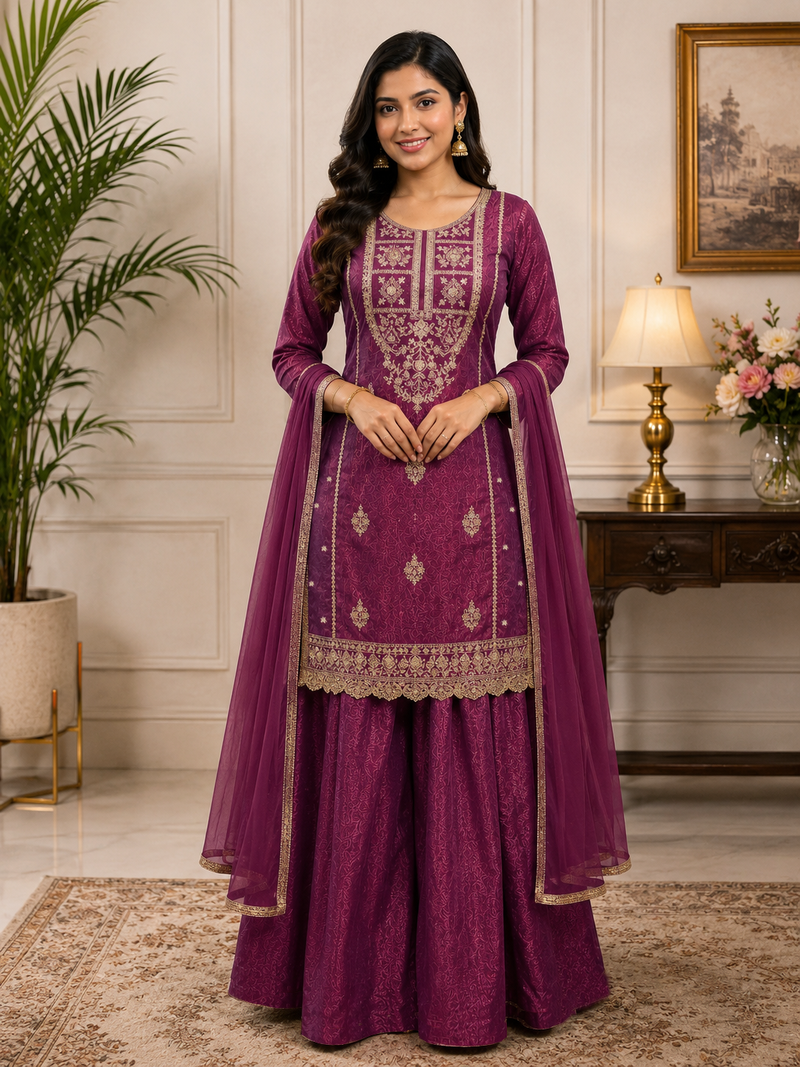  readymade wine color dori sequecne embroidered palazzo suit for festival party  wear