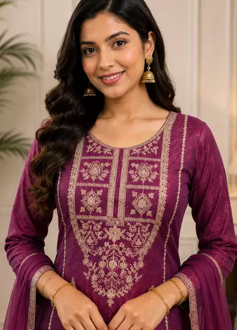  readymade wine color dori sequecne embroidered palazzo suit for festival party  wear