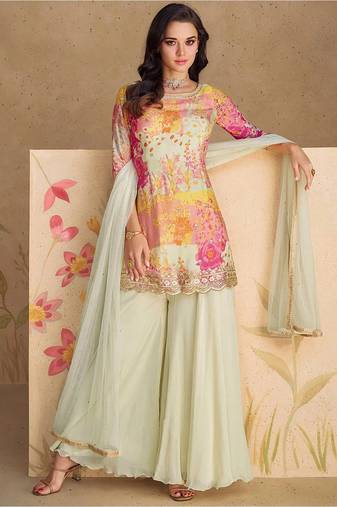 off white chinon floral digital print sequins palazzo suit for stylish women party wear