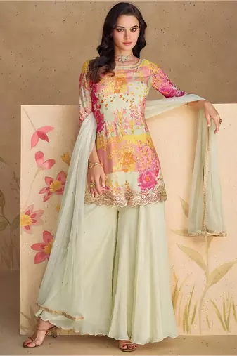 off white chinon floral digital print sequins palazzo suit for stylish women party wear