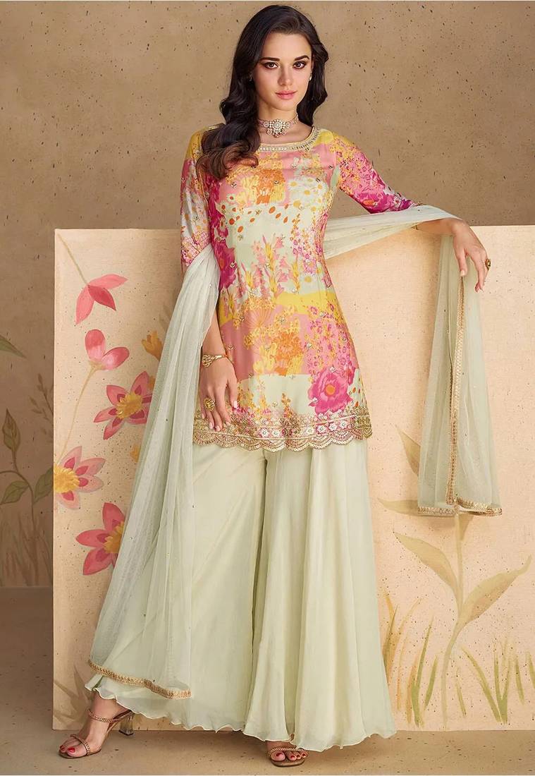 off white chinon floral digital print sequins palazzo suit for stylish women party wear