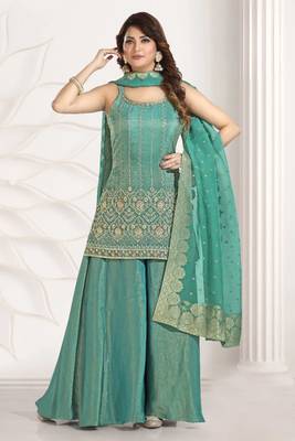 sea green multi color embroiderd party wear kurta plazzo suit radymade full stich 1
