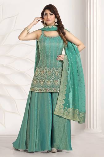 sea green multi color embroiderd party wear kurta plazzo suit radymade full stich