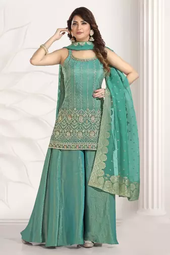 sea green multi color embroiderd party wear kurta plazzo suit radymade full stich
