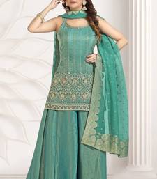 sea green multi color embroiderd party wear kurta plazzo suit radymade full stich