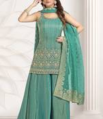 sea green multi color embroiderd party wear kurta plazzo suit radymade full stich
