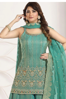 sea green multi color embroiderd party wear kurta plazzo suit radymade full stich 2