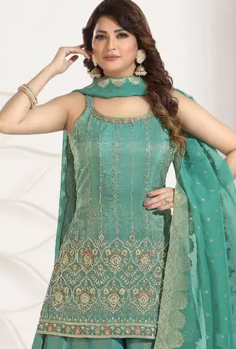 sea green multi color embroiderd party wear kurta plazzo suit radymade full stich