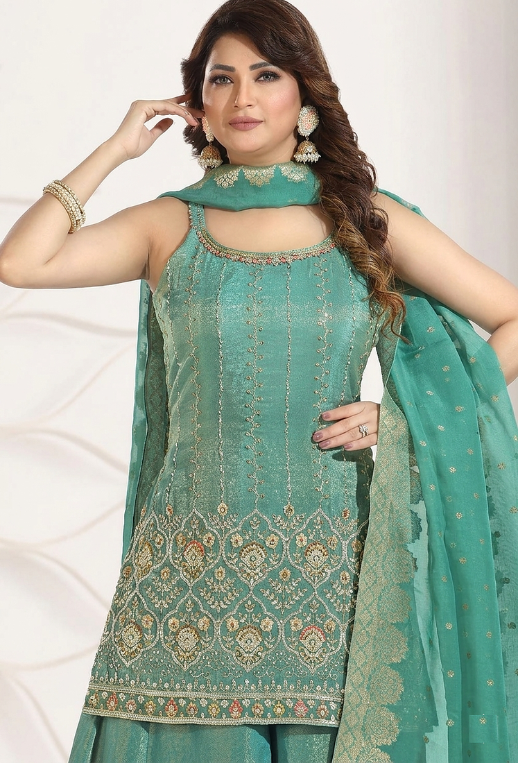 sea green multi color embroiderd party wear kurta plazzo suit radymade full stich