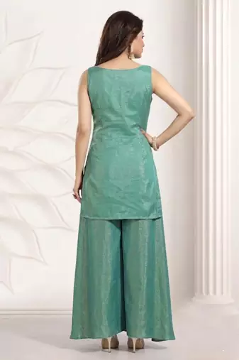 sea green multi color embroiderd party wear kurta plazzo suit radymade full stich