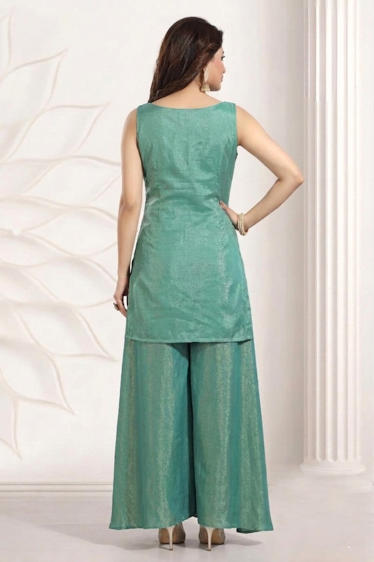 sea green multi color embroiderd party wear kurta plazzo suit radymade full stich