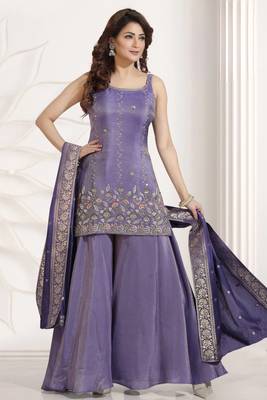purple multi color embroiderd wedding wear kurta plazzo suit radymade full stich 1