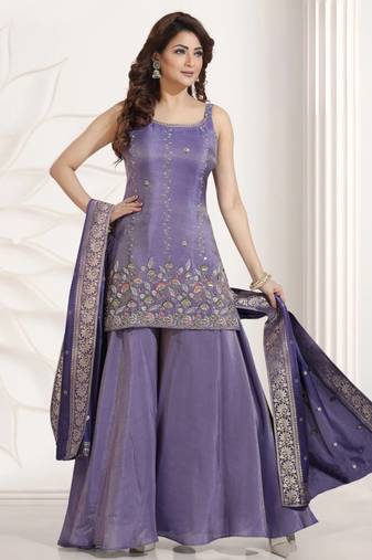 purple multi color embroiderd wedding wear kurta plazzo suit radymade full stich