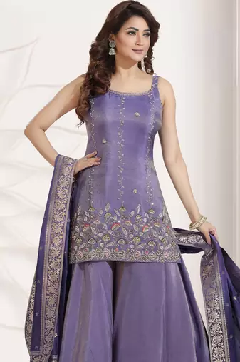 purple multi color embroiderd wedding wear kurta plazzo suit radymade full stich