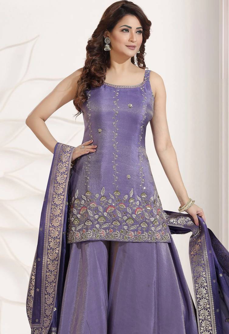 purple multi color embroiderd wedding wear kurta plazzo suit radymade full stich
