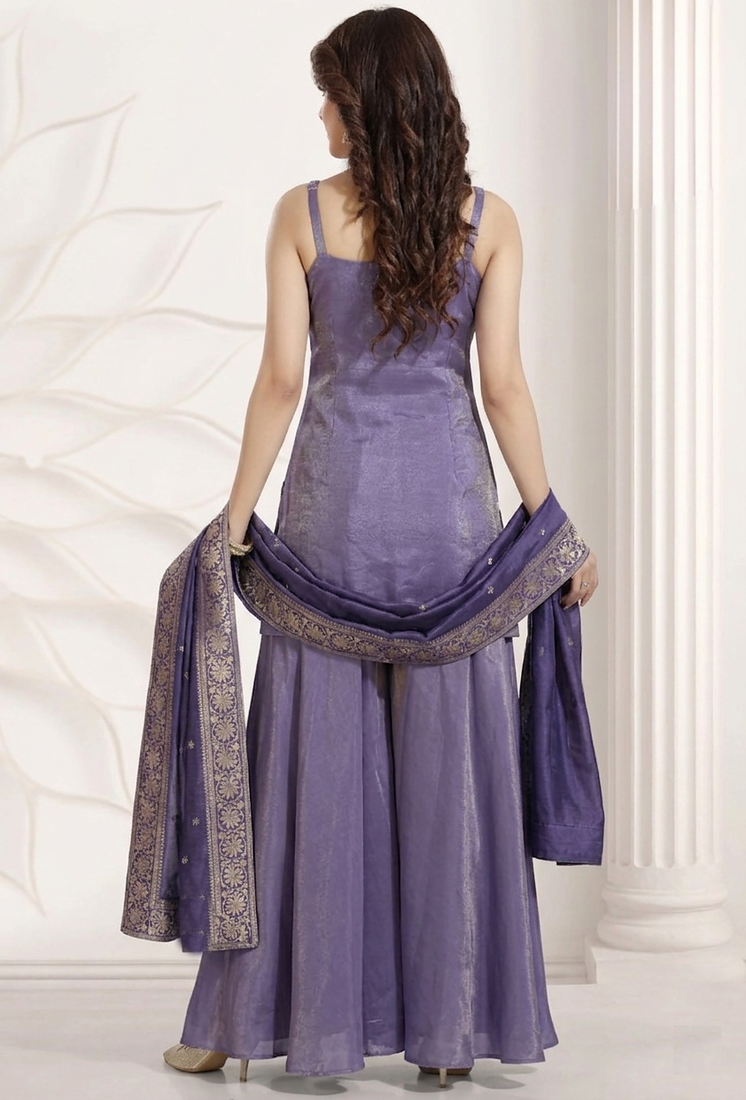 purple multi color embroiderd wedding wear kurta plazzo suit radymade full stich