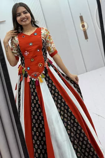 Multicolor Pure Cotton Hand Work Kediyu Lehenga Set for Women with 6 Meter Flair Chaniya Choli For Navratri 