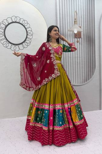 Olive Green Pure Cotton Chaniya Choli For Navratri With Embroidered  Georgette Dupatta 