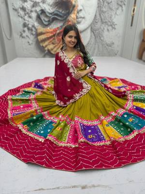 Olive Green Pure Cotton Chaniya Choli For Navratri With Embroidered  Georgette Dupatta  3