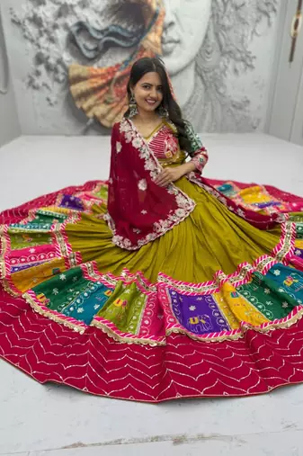 Olive Green Pure Cotton Chaniya Choli For Navratri With Embroidered  Georgette Dupatta 