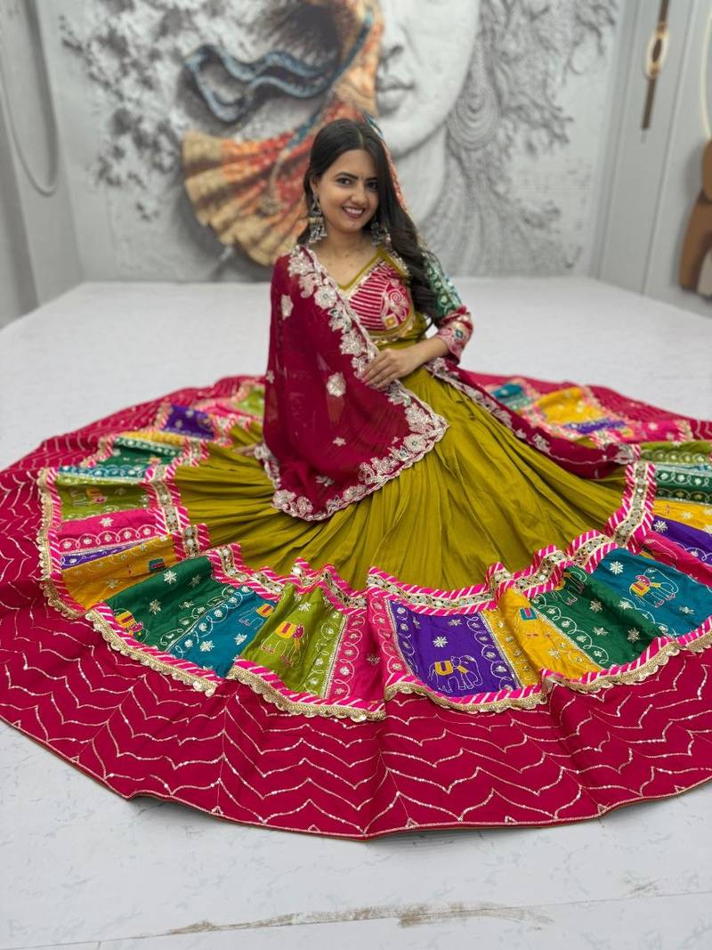 Olive Green Pure Cotton Chaniya Choli For Navratri With Embroidered  Georgette Dupatta 