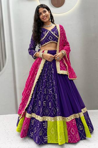 Purple  Georgette Chaniya Choli For Navratri Set With Heavy Embroidery Mirror Lace & Dupatta