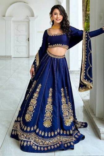 Navy Blue Chinon Bridal Lehenga Choli With Thread Sequins Work