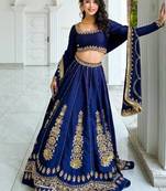 Navy Blue Chinon Bridal Lehenga Choli With Thread Sequins Work