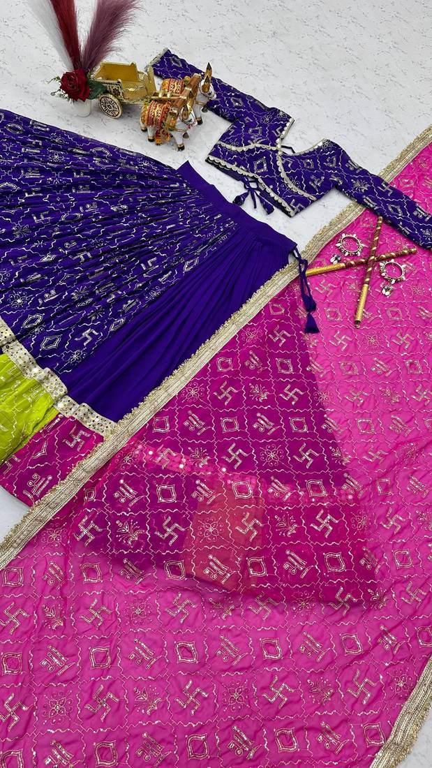Purple  Georgette Chaniya Choli For Navratri Set With Heavy Embroidery Mirror Lace & Dupatta