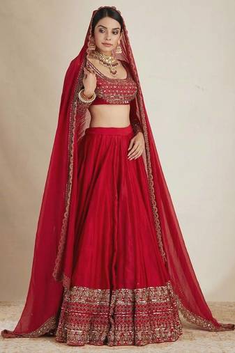 Women's Red Vichitra Silk Bridal Lehenga Choli With Thread & Sequins Embroidery