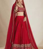 Women's Red Vichitra Silk Bridal Lehenga Choli With Thread & Sequins Embroidery