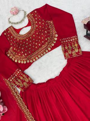 Women's Red Vichitra Silk Bridal Lehenga Choli With Thread & Sequins Embroidery 4
