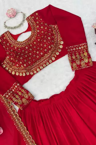 Women's Red Vichitra Silk Bridal Lehenga Choli With Thread & Sequins Embroidery