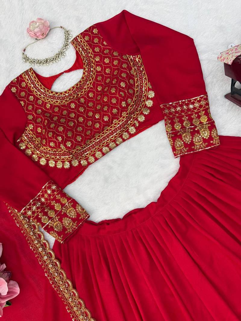 Women's Red Vichitra Silk Bridal Lehenga Choli With Thread & Sequins Embroidery