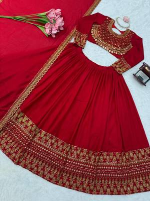 Women's Red Vichitra Silk Bridal Lehenga Choli With Thread & Sequins Embroidery 5