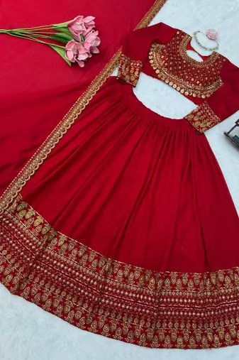 Women's Red Vichitra Silk Bridal Lehenga Choli With Thread & Sequins Embroidery