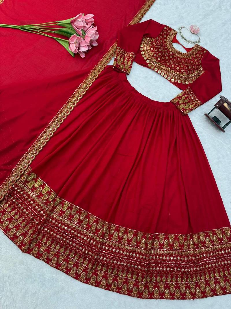 Women's Red Vichitra Silk Bridal Lehenga Choli With Thread & Sequins Embroidery