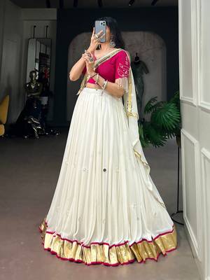 White Real Mirror Work Embossed Lightweight Chaniya Choli For Navratri Set with Pink Blouse and Dupatta for Women 1