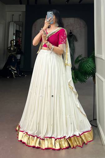 White Real Mirror Work Embossed Lightweight Chaniya Choli For Navratri Set with Pink Blouse and Dupatta for Women