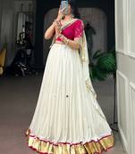 White Real Mirror Work Embossed Lightweight Chaniya Choli For Navratri Set with Pink Blouse and Dupatta for Women