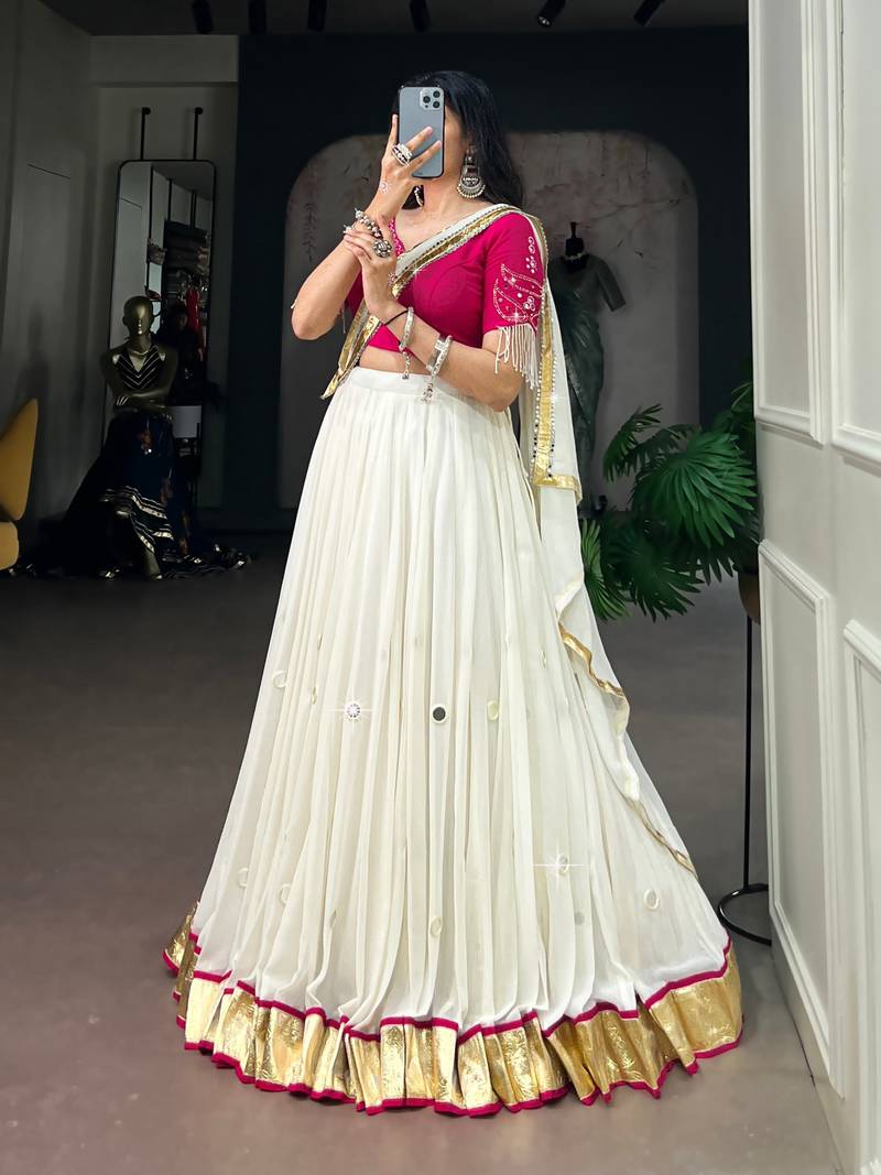 White Real Mirror Work Embossed Lightweight Chaniya Choli For Navratri Set with Pink Blouse and Dupatta for Women