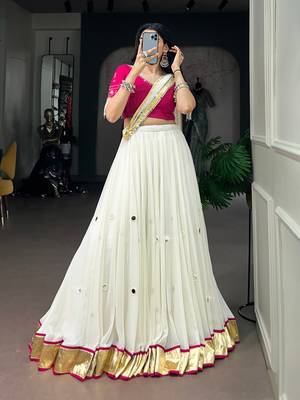 White Real Mirror Work Embossed Lightweight Chaniya Choli For Navratri Set with Pink Blouse and Dupatta for Women 3