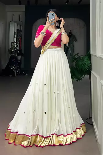White Real Mirror Work Embossed Lightweight Chaniya Choli For Navratri Set with Pink Blouse and Dupatta for Women