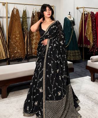 Black Faux Georgette Lehenga Saree For Party & Wedding Wear 1