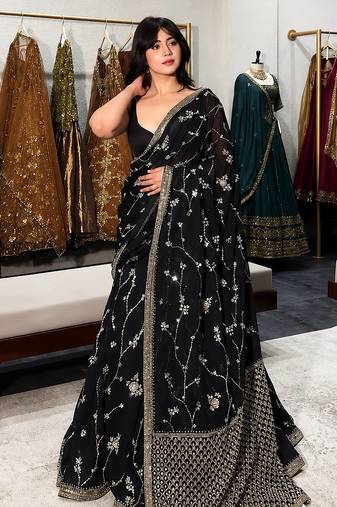 Black Faux Georgette Lehenga Saree For Party & Wedding Wear