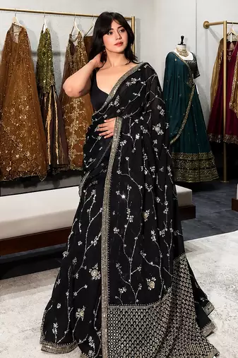 Black Faux Georgette Lehenga Saree For Party & Wedding Wear