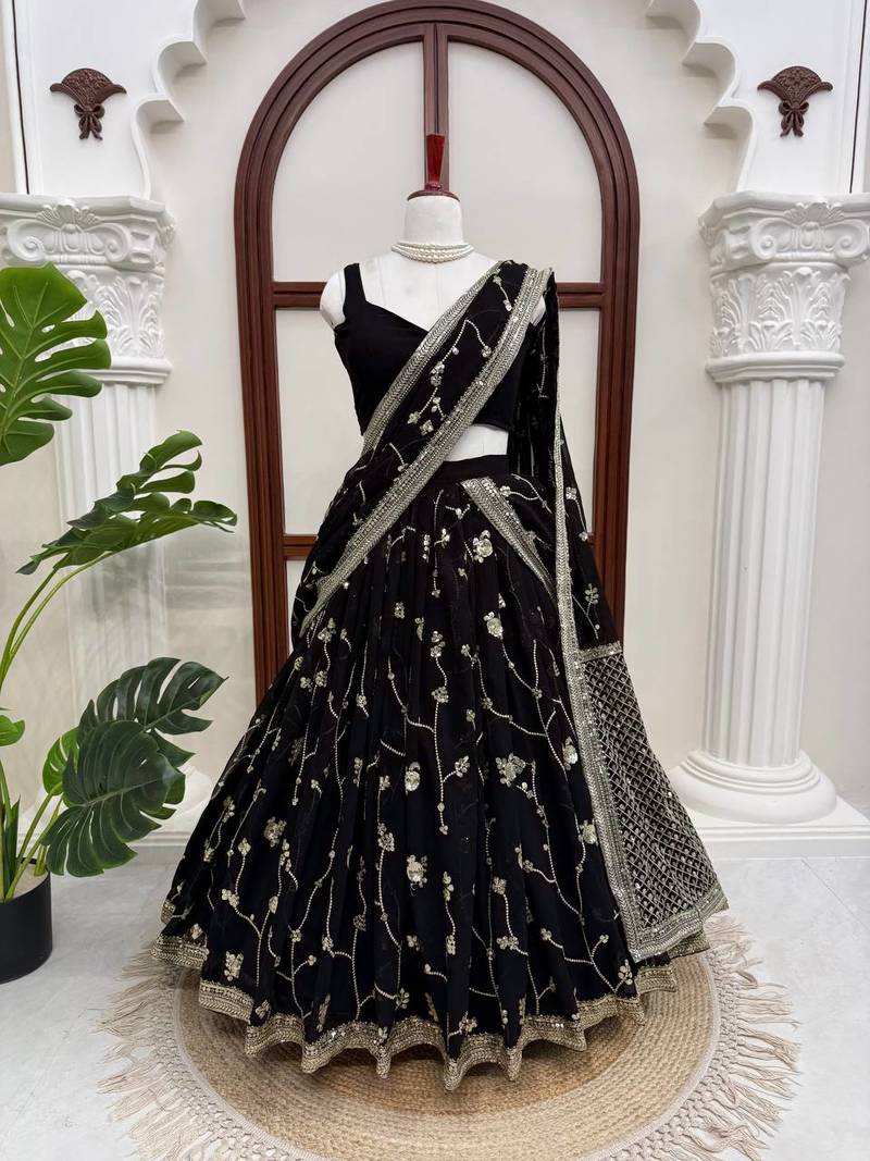 Black Faux Georgette Lehenga Saree For Party & Wedding Wear