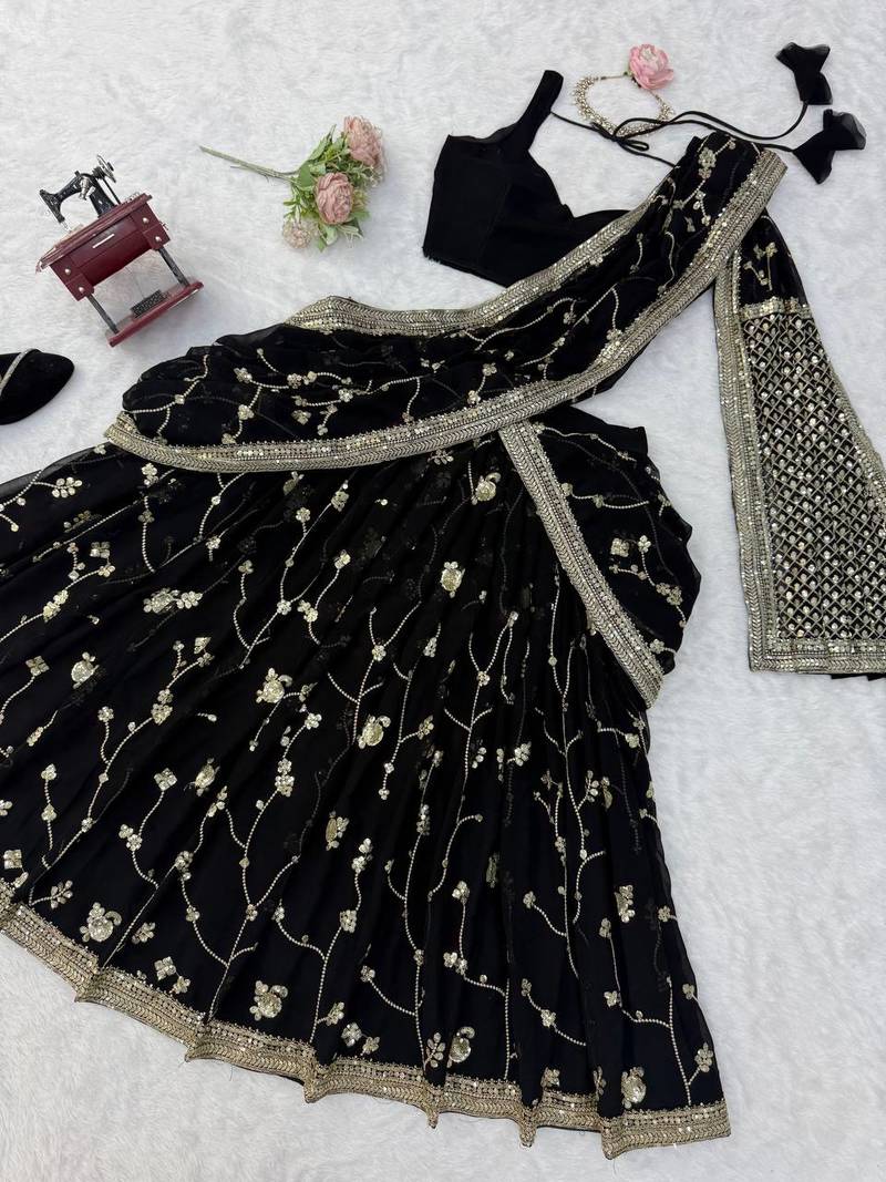 Black Faux Georgette Lehenga Saree For Party & Wedding Wear
